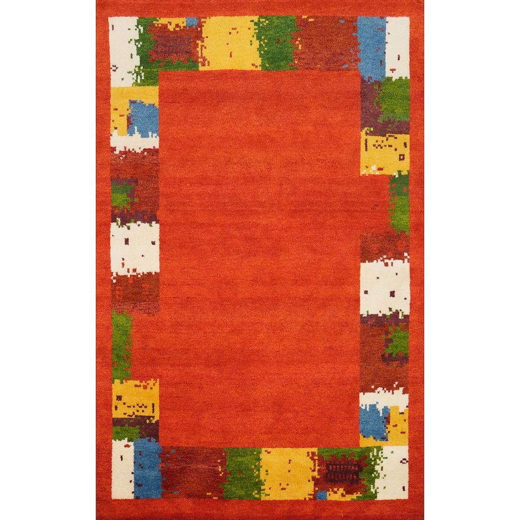 Hand Knotted Oriental 100% Wool Carpet Modern Solid Oranges & Rust Gabbeh Area Rug - 7' 10'' X 5' 6''
