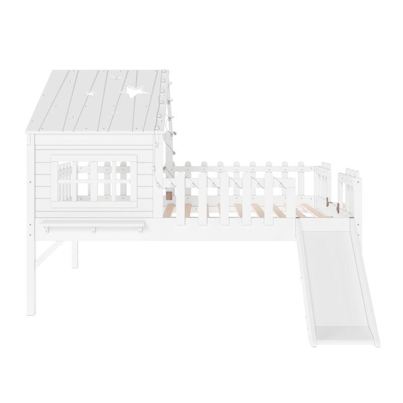 Full Size House Loft Bed with Slide,Playhouse Bed with Star Moon-shaped Designs and Window, Chic Design with LED Lights
