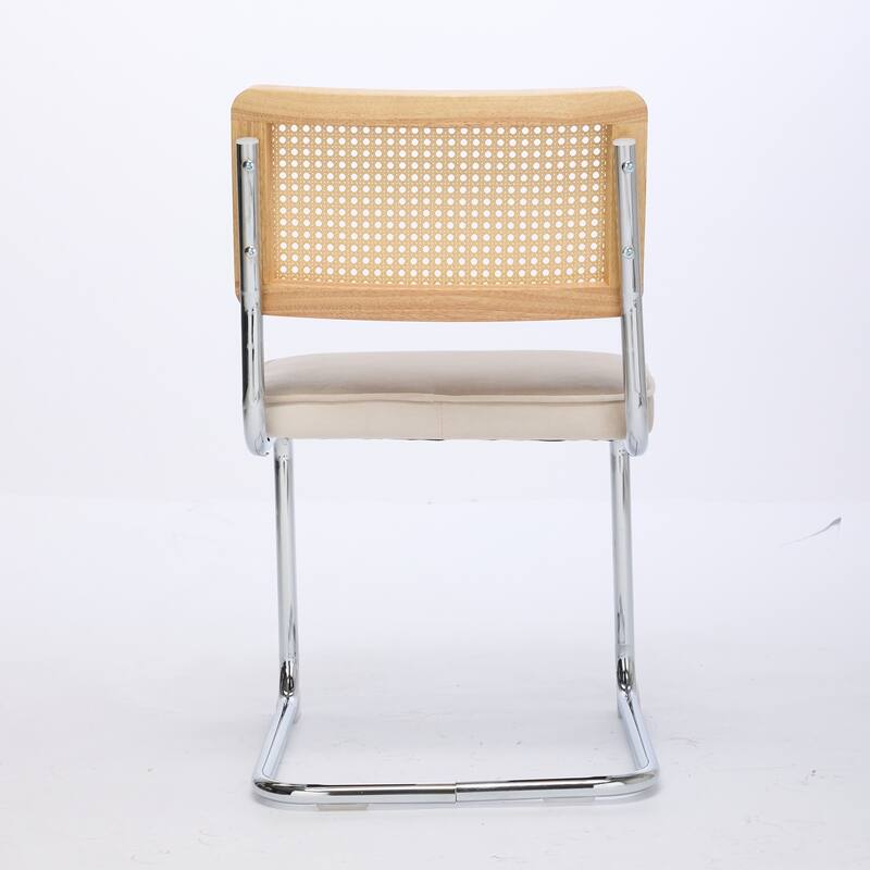 GDF Studio - Mid-Century Linen Dining Chairs with Natural Rattan Cane Back & Chrome Cantilever Base, Set of 2