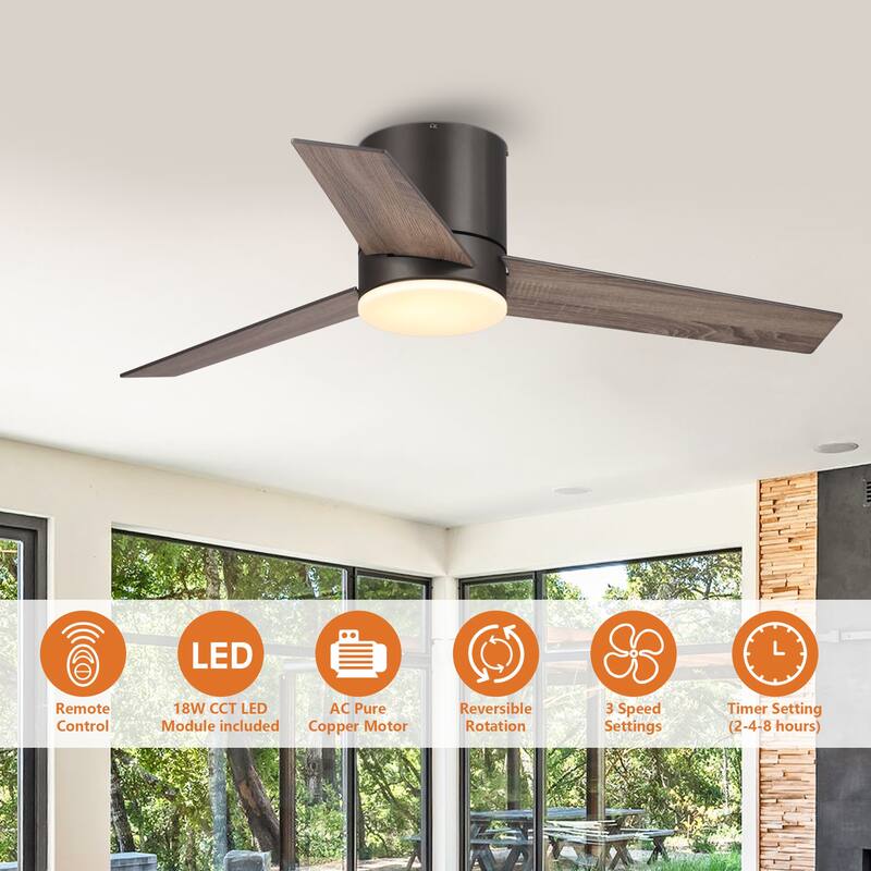 48 inch Modern 3-Blade Wooden Flush Mount Ceiling Fans with Light and Remote