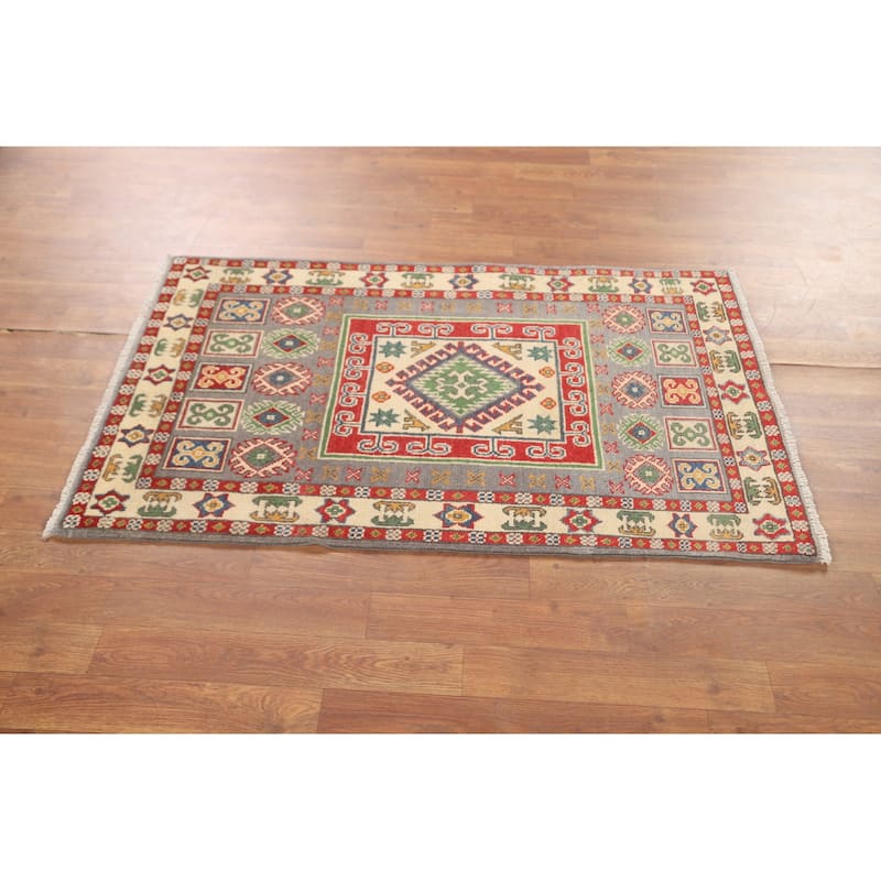 Geometric Grey Kazak Foyer Rug Handmade Wool Carpet - 2'7" x 4'2"