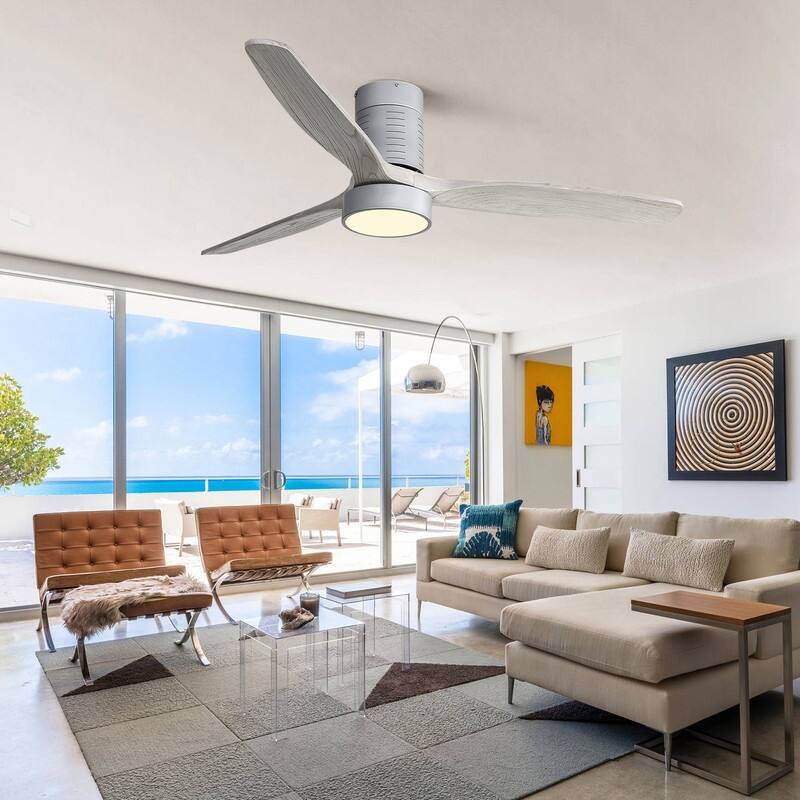 52" Flush Mount Wood Ceiling Fan with Dimmable LED Light and Remote Control
