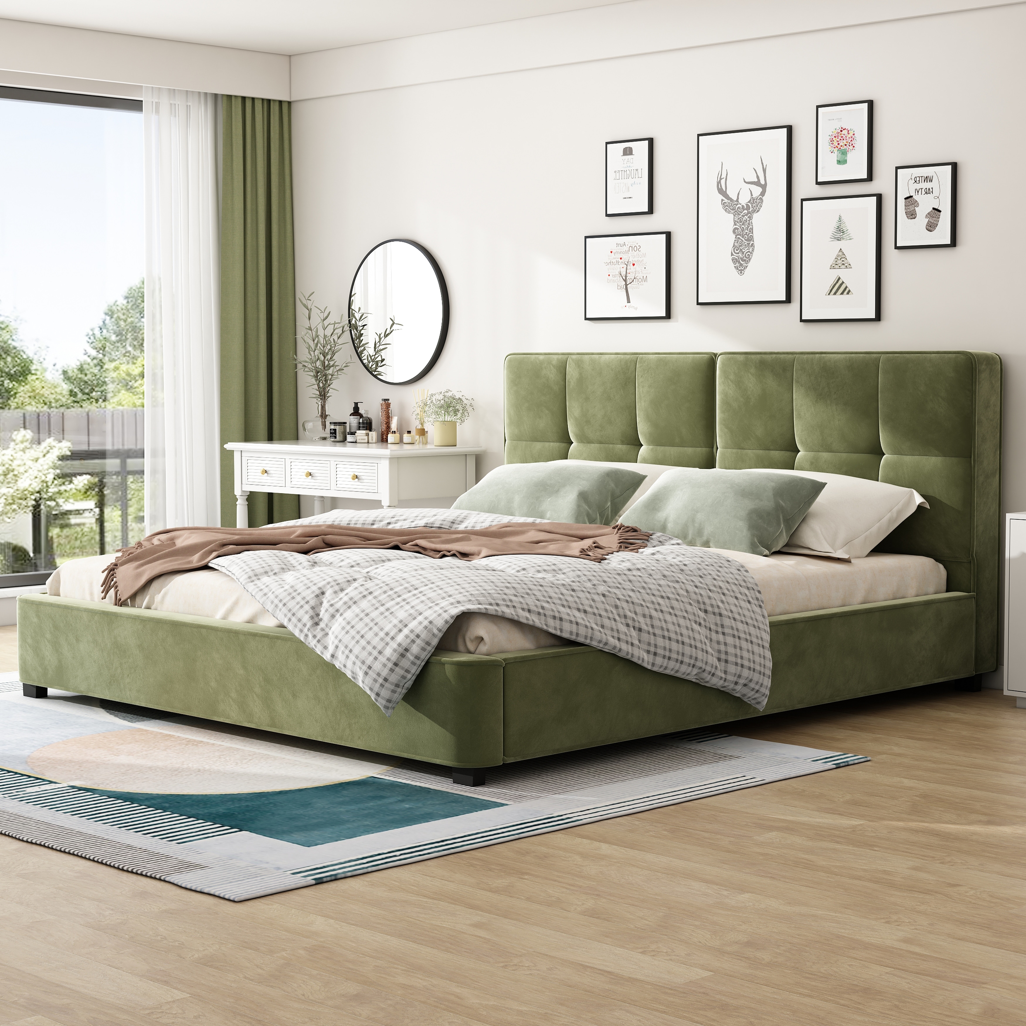 King Size Velvet Bed Frames, Upholstered Platform Bed with Curved Tufted Headboard, Soft Square Corners
