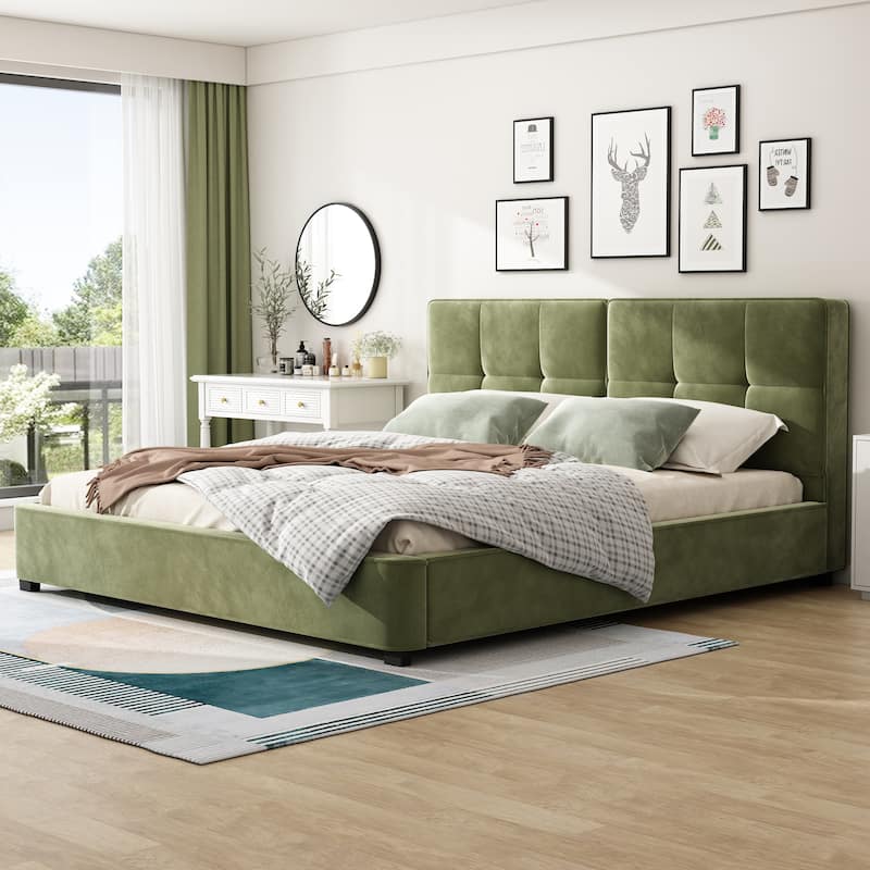 King Size Velvet Bed Frames, Upholstered Platform Bed with Curved Tufted Headboard, Soft Square Corners - Olive Green