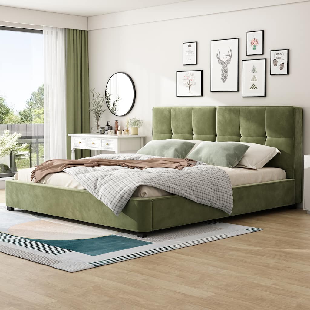 Roomfitters King Size Velvet Upholstered Platform Bed Frame with Tufted Curved Headboard, Olive Green
