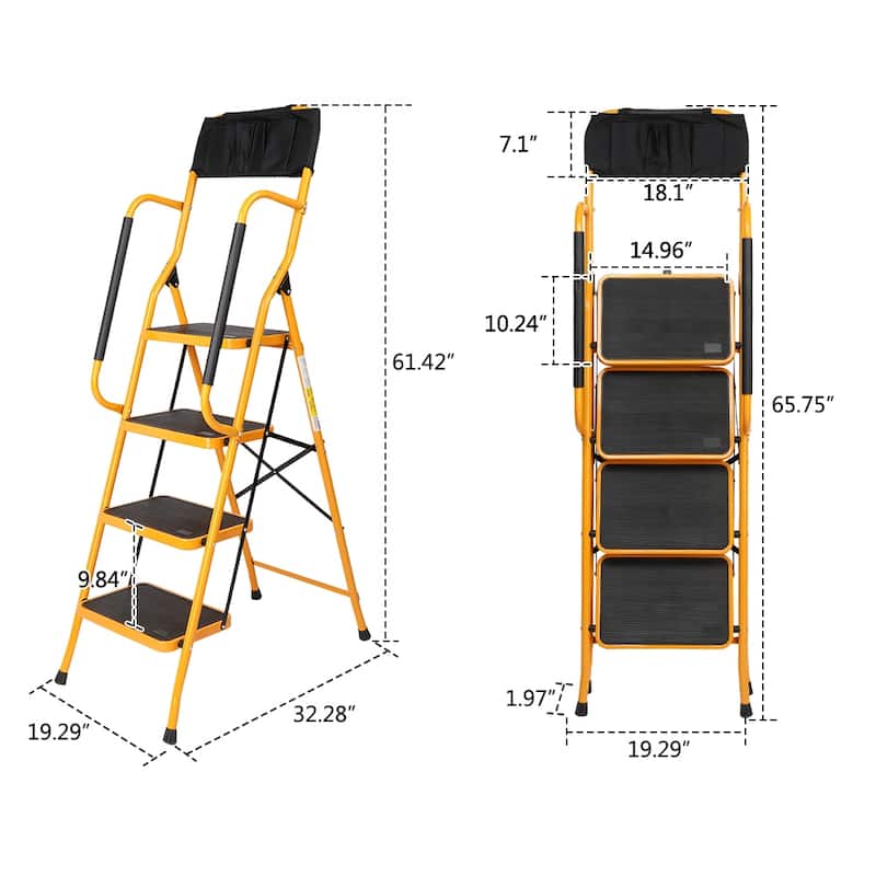 4 Step Ladder, Portable Folding Step Stool, with Tool Bag - N/A