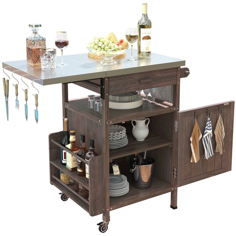 40.5" Outdoor Grill Cart with Stainless Steel Top, Drop Leaf, One Drawer, Towel Rack, Rolling Kitchen Cart with Lockable Wheels