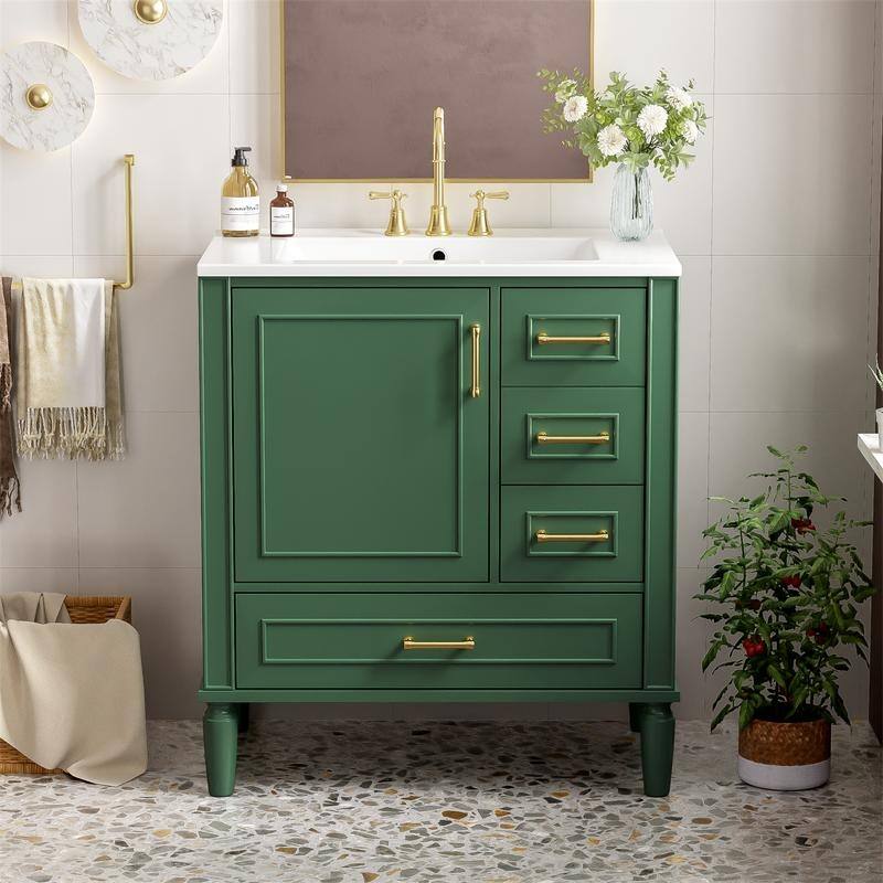 Traditional 30" Bathroom Vanity with Ceramic Sink, Freestanding Bathroom Vanity Cabinet with 3 Drawers and 1 Soft Close Door