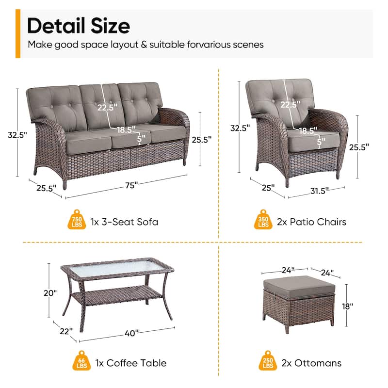 Pocassy 6 Piece Ooutdoor Sofa with Patio Chair Ottoman Table