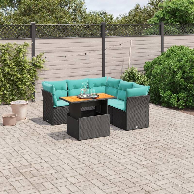 vidaXL 5 Piece Patio Sofa Set with Cushions Black Poly Rattan - 24.4 x 24.4 x 27.2 - Black-middle + 3x corner + Table