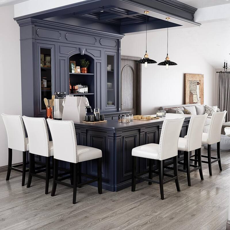 Faux Leather Bar Stools Upholstered Chairs with Set of 2 - White - Set of 6