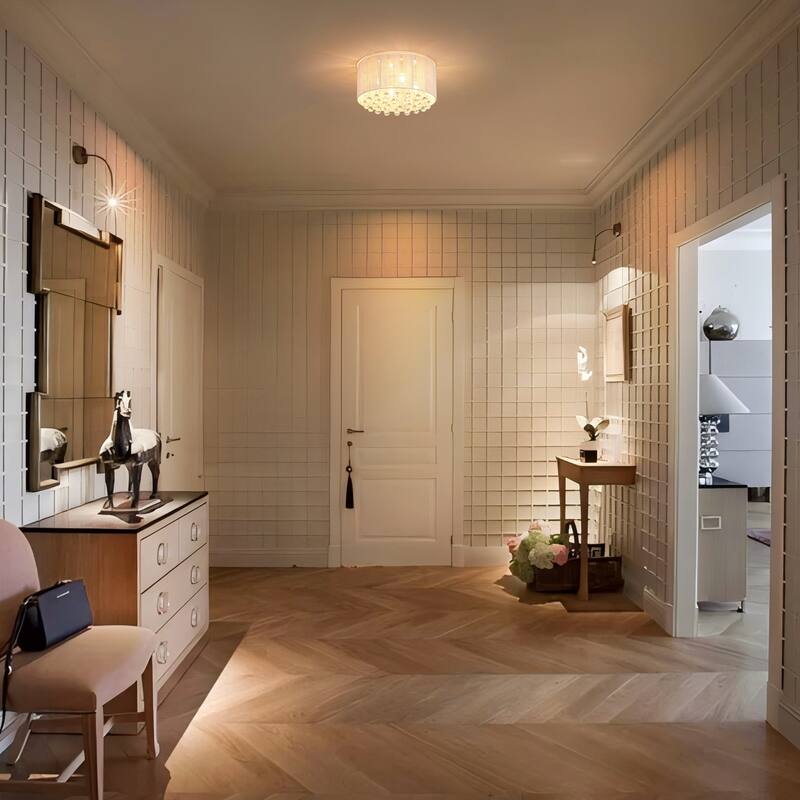 4-Light Modern Luxury Textured Fabric & Crystal Flush Mount with Crystal Droplets for Living Room - 15.7 in. W x 8.7 in. H