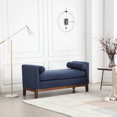 53.5"W Elegant Upholstered Bench, Ottoman with Wood Legs & Bolster Pillows for End of Bed, Bedroom, Living Room, Entryway