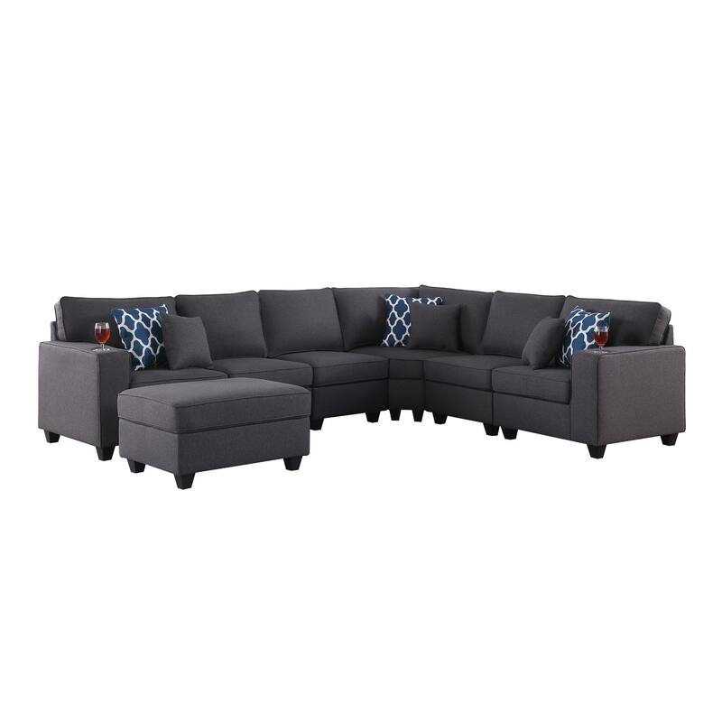 7 Piece Upholstered Sectional Sofa with Ottoman in Dark Gray - Dark Gray/Brown - Reversible