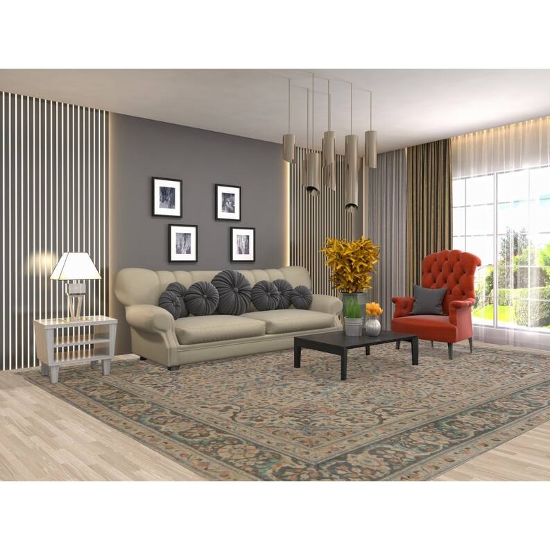 Hand Knotted Oriental 100% Wool Carpet Traditional Floral Beige & Ivories Tabriz Area Rug - 12' 3'' X 9' 8''