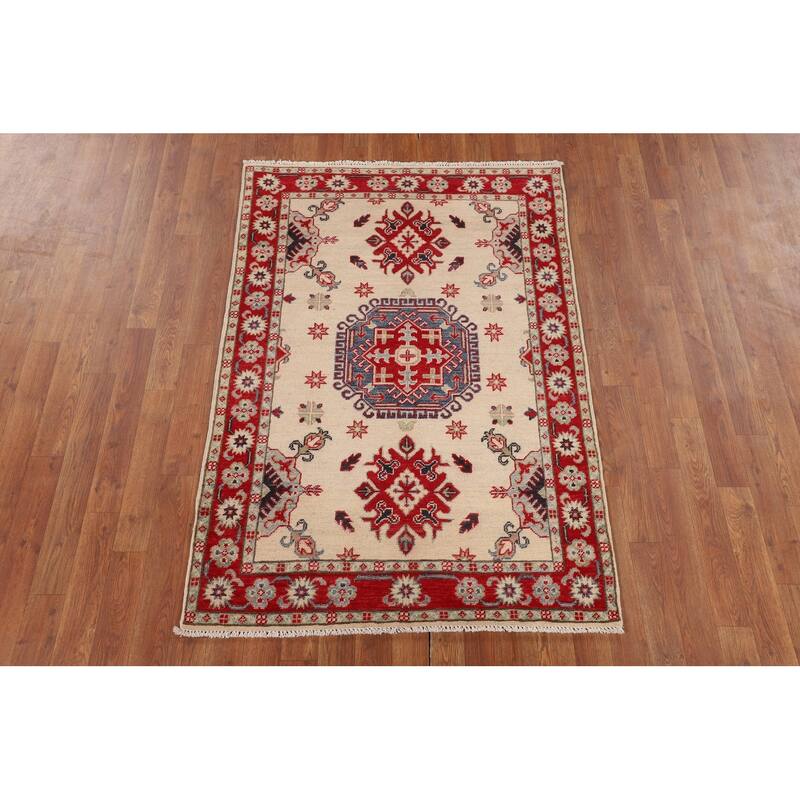 Geometric Beige Kazak Foyer Rug Hand-Knotted Wool Carpet - 3'5" x 5'0"