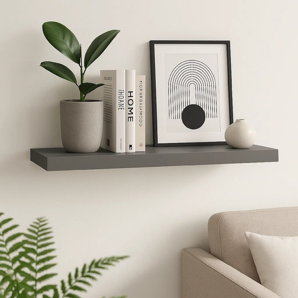 Zyno Wall Shelf, 32 Inch, Matte Gray MDF Body, Modern Design