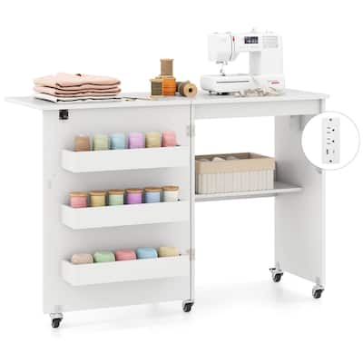 Costway Folding Sewing Table Rolling Craft Station with 3 Storage Bins - See Details