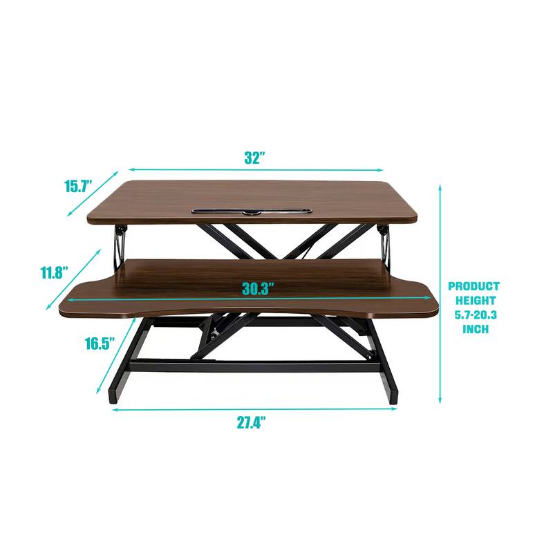 Anmytek 32 Inch Adjustable Sit to Stand Desk Converter Dual Monitor Riser Walnut