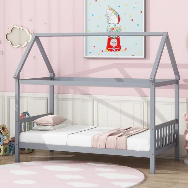 slide 2 of 46, Twin Size Solid Wood House Frame Platform Bed, with Headboard and Footboard, with Underbed Storage Space, Minimalist Kids Bed LIGHT GREY