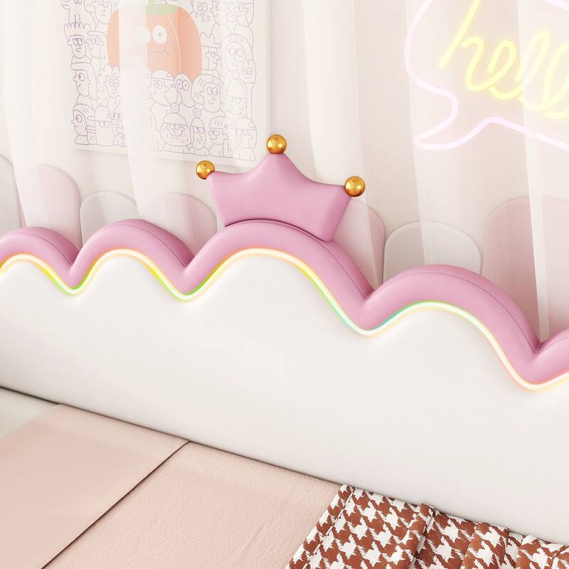 Pink Twin Princess Upholstered Daybed with LED & Crown Headboard