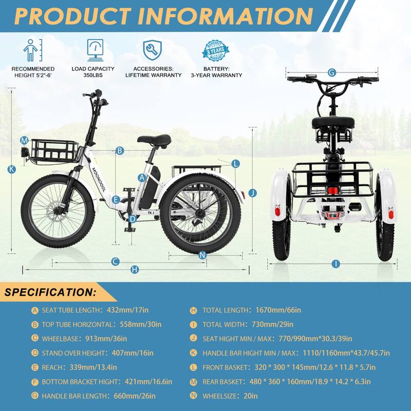 DoCred Electric Folding Tricycle for Adult with Front and Rear Baskets