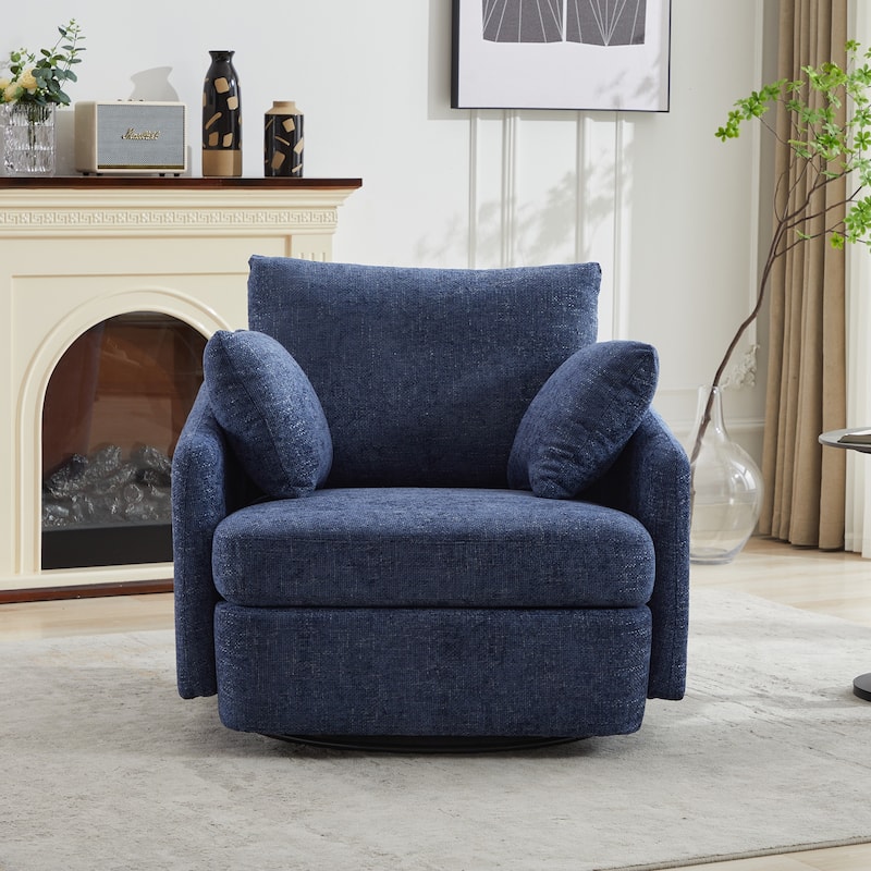 Chenille Upholstered Swivel Accent Chair, Cozy Club Chair with 2 Thorw Pillows, Oversized Lounge Armchair with Metal Base