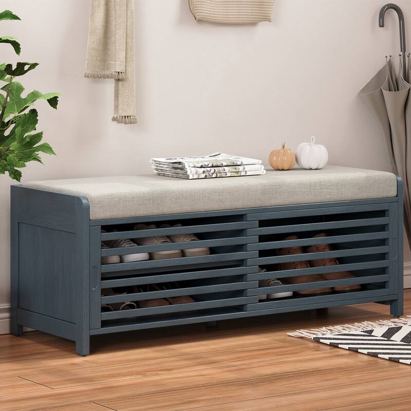 Distressed Shutter Storage Bench with Acacia Veneer