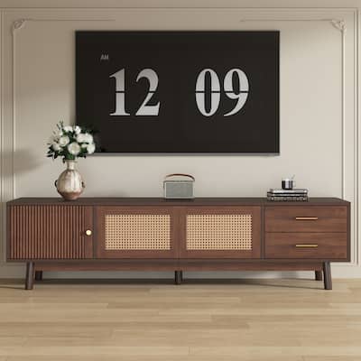 Mid Century Modern Solid Wood TV Stand for 80" TVs,TV Console with Sliding Doors and Drawers