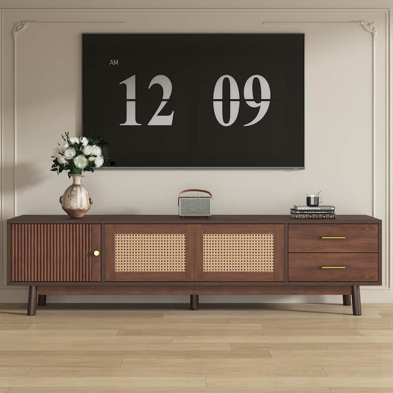 Mid Century Modern TV Stand for 80" TVs, Entertainment Center with Sliding Doors and Drawers, TV Table with Storage - Dark Brown