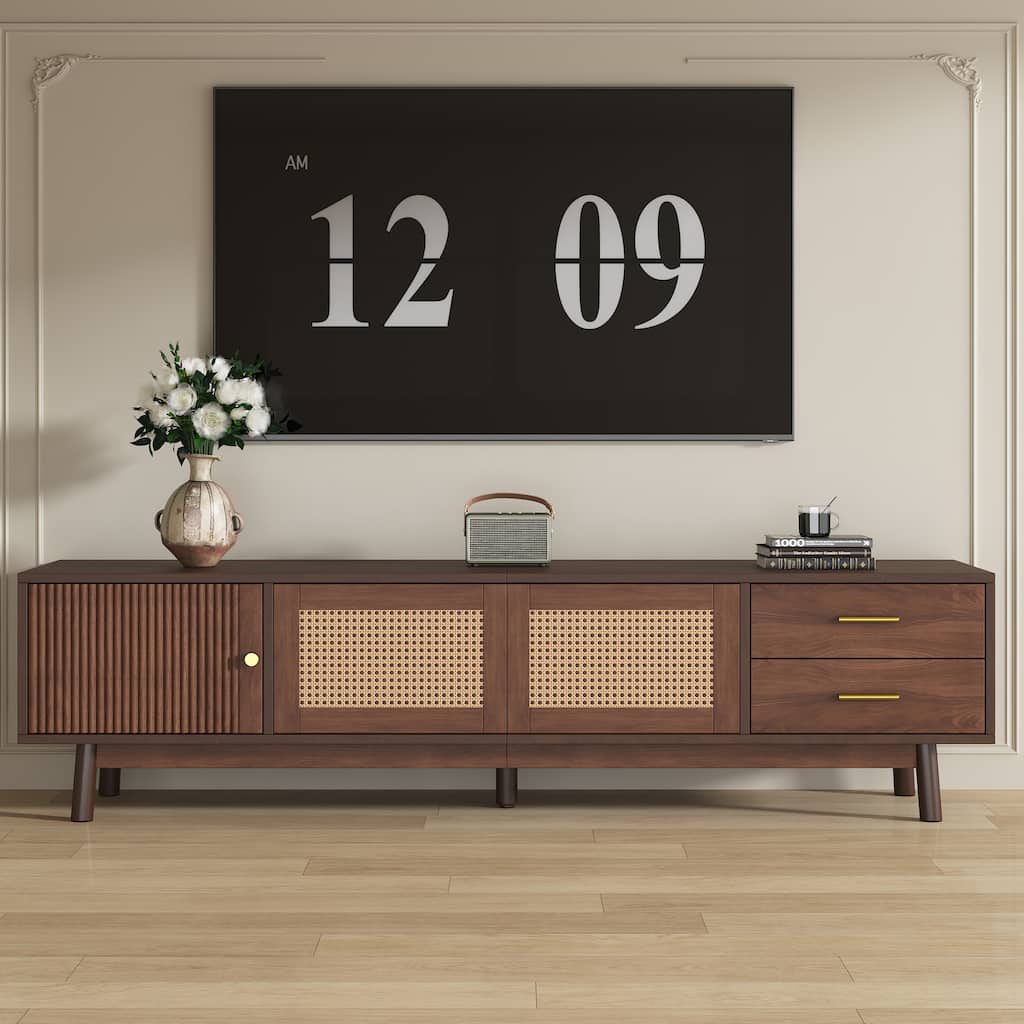 Mid Century Modern TV Stand for 80" TVs, Entertainment Center with Sliding Doors and Drawers, TV Table with Storage