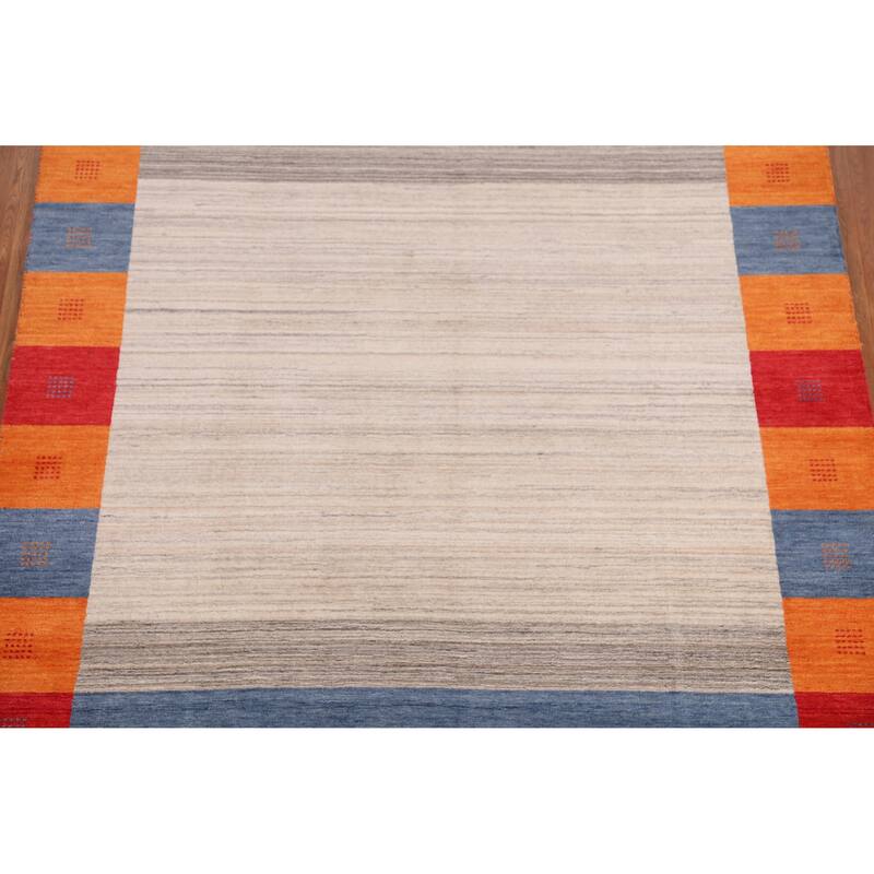 Hand Knotted Oriental 100% Wool Carpet Tribal Bordered Beige & Ivories Gabbeh Area Rug - 7' 11'' X 6' 9''