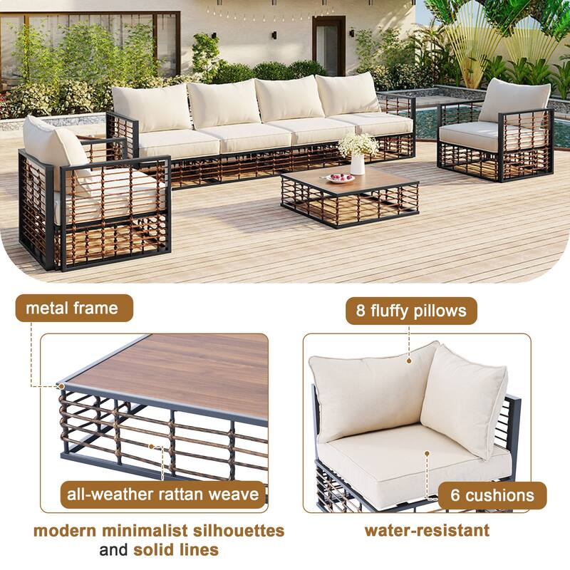 7 Piece Metal and Rattan Modular Sectional Set All Weather Garden Patio Conversation Furniture Set with Coffee Table