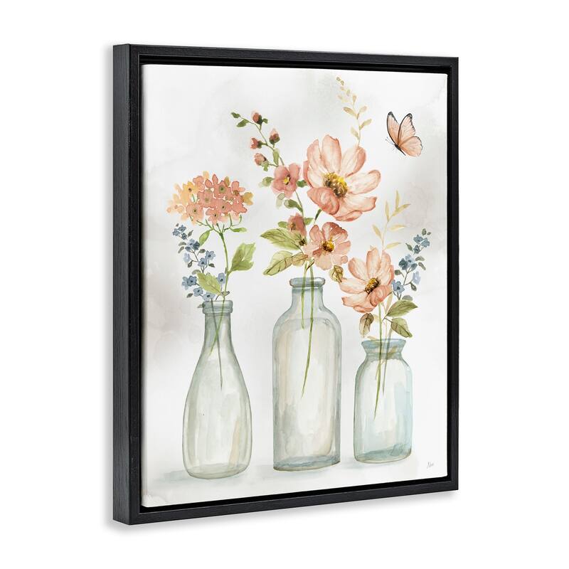 Stupell Butterfly & Pink Florals Framed Floater Canvas Wall Art Design by Nan