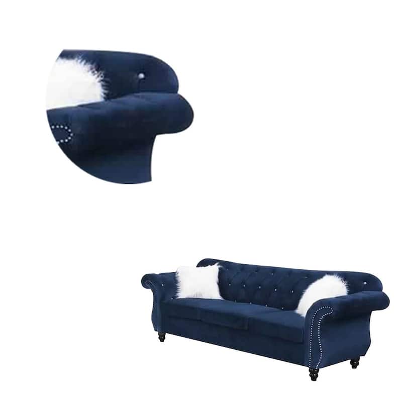 93 Inches Nailhead Trim Velvet Sofa with Crystal Tufting, Blue
