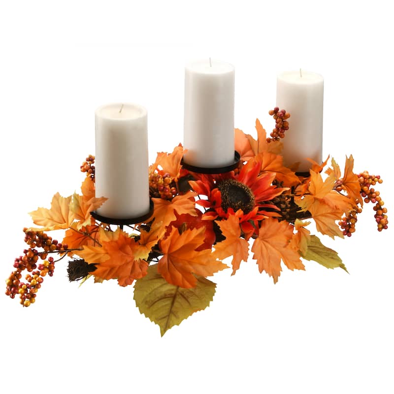 National Tree Company Artificial Fall Centerpiece, Three Candle Holders with Sunflower Blooms, Pinecones, 24 in. - 24 in