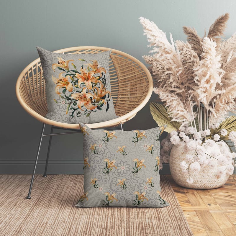 Enchanted Lily Affair Faux Suede Reversible Throw Pillow Grey and Orange