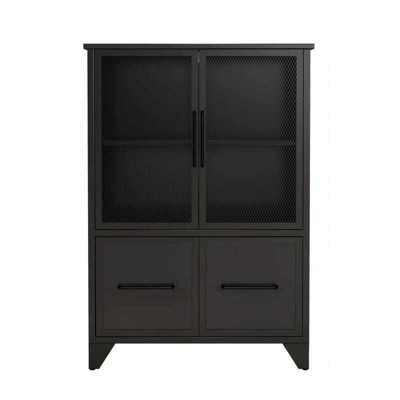 Storage Cabinet With 4 Iron Doors,Black Metal Handle,Sideboard With Adjustable Shelf,Black Sturdy Metal Frame and Metal Legs
