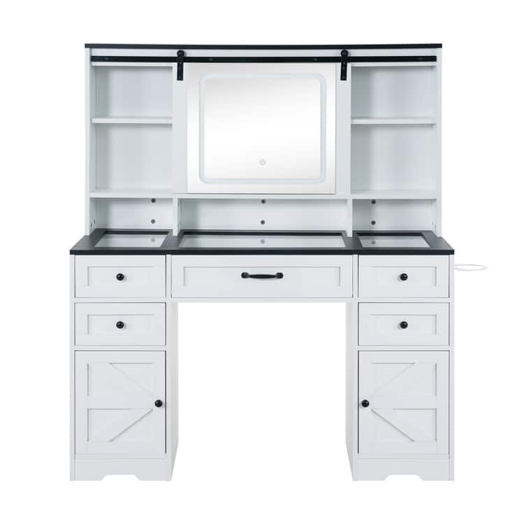 White Vanity Desk with Adjustable Sliding Mirror & Built-in Lights