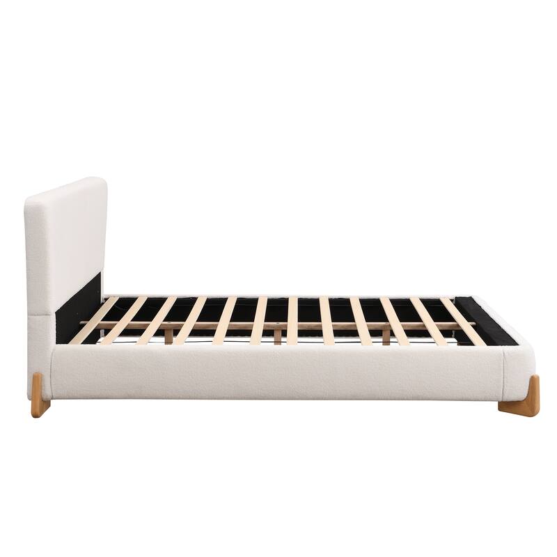 Luxurious Upholstered Platform Bed, Boucle Fabric Bed Frame with Solid Wood Legs and Vertical Headboard, Wood Slats Support
