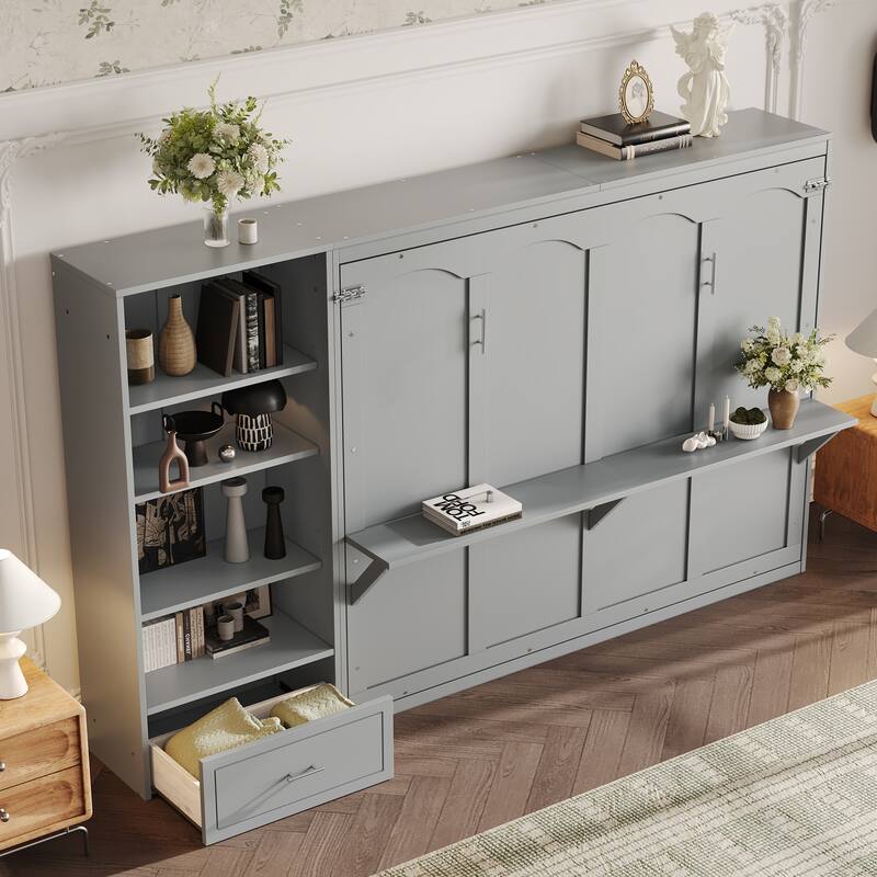 Queen Size Murphy Bed with Height Adjustable Storage Compartments and Shelf