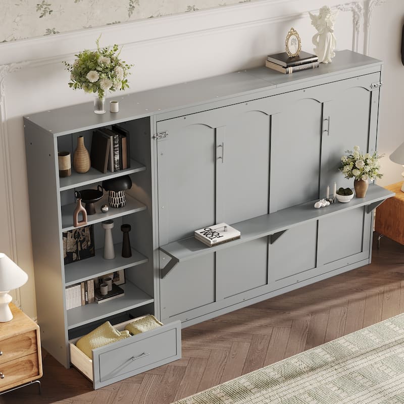 Queen Size Murphy Bed with Storage Compartments and Shelf