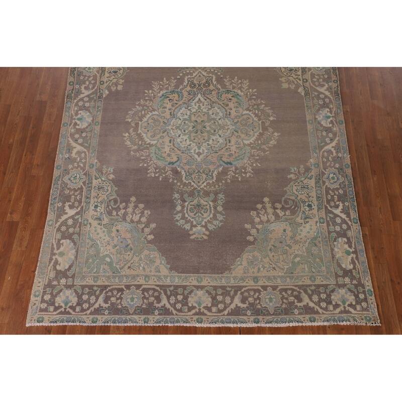 Distressed Tabriz Persian Vintage Area Rug Hand-Knotted Wool Carpet - 6'9"x 9'2"