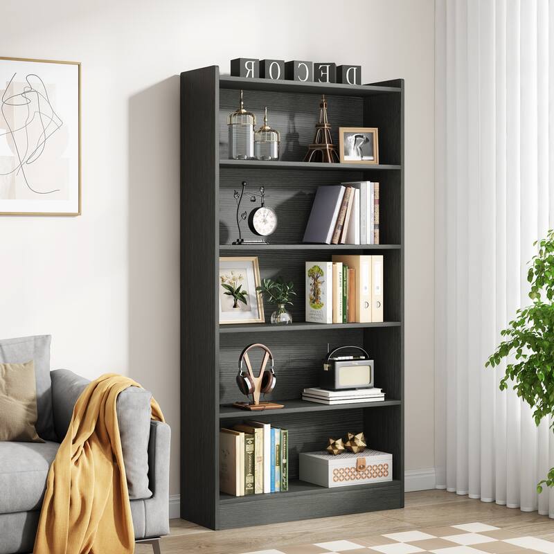 Modern 6 Tier Tall Bookcase with Storage Shelves - Black