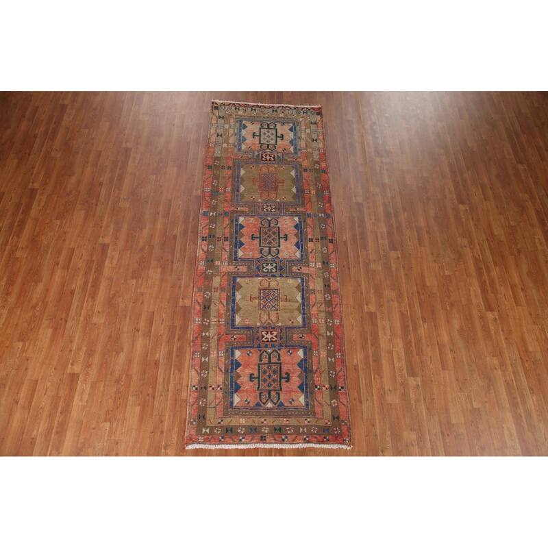 Geometric Ardebil Persian Vintage Runner Rug Hand-knotted Wool Carpet - 3'6" x 10'0"