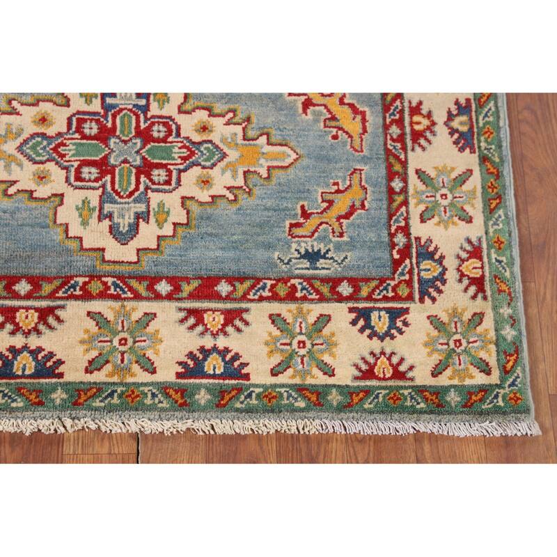 Light Blue Geometric Kazak Accent Rug Handmade Wool Carpet - 3'4" x 4'9"