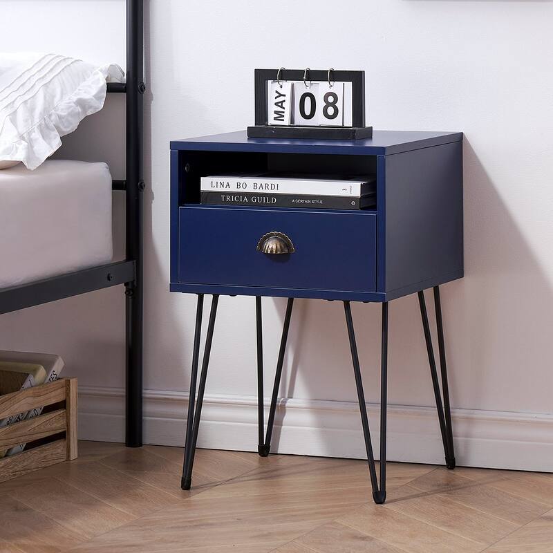 VECELO Mid Century Modern Nightstand with Drawer Open Shelf V-Shaped Metal Legs End Table for Bedroom Living Room - Dark Blue