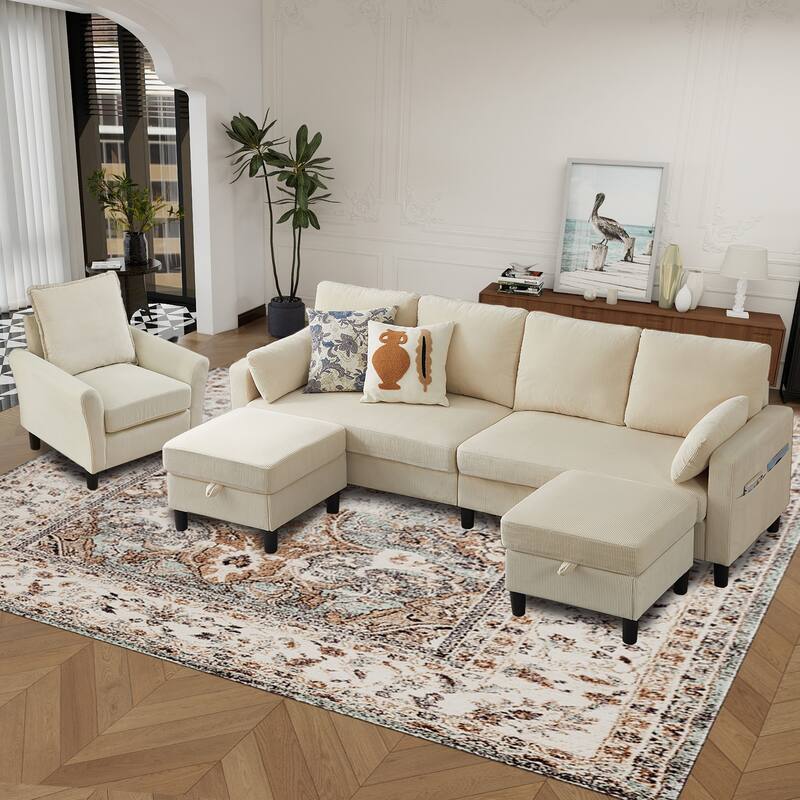 101"Corduroy 3 Piece Living Room Set Including 4 Seater Sofa ,2 Storage Ottoman and Chair