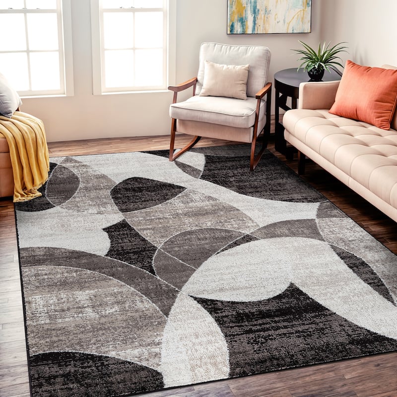 Contemporary Distressed Circle Area Rug - 5' x 7' - Grey/Brown - Rectangle