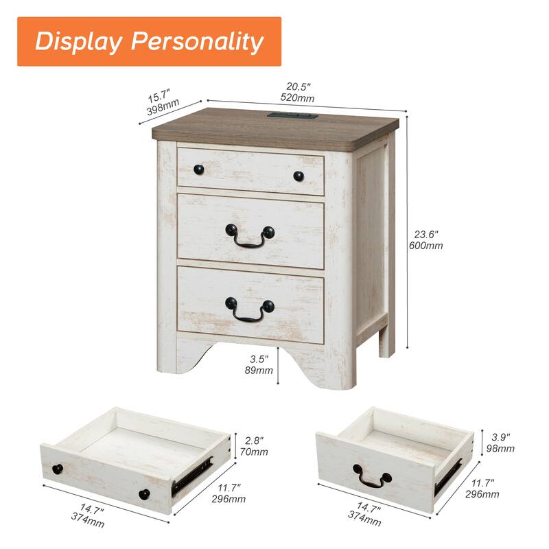 WAMPAT Farmhouse Nightstand with 3 Drawers